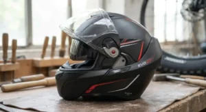 Vue de profil d'un casque modulable double homologation équipé d'un écran solaire interne rabattable