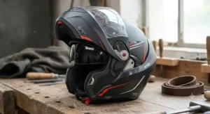 Illustration d'un casque modulable double homologation avec mentonnière relevée à cent quatre-vingts degrés. 