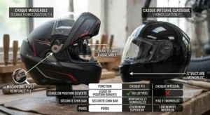 Schéma comparatif entre un casque modulable double homologation P/J et un casque intégral classique.