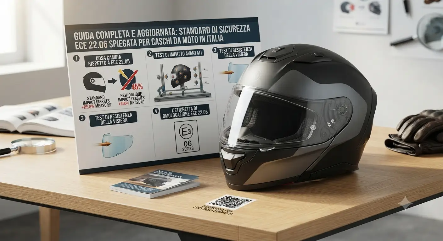 Guida completa e aggiornata allo standard di sicurezza ECE 22.06 spiegata per caschi da moto in Italia.