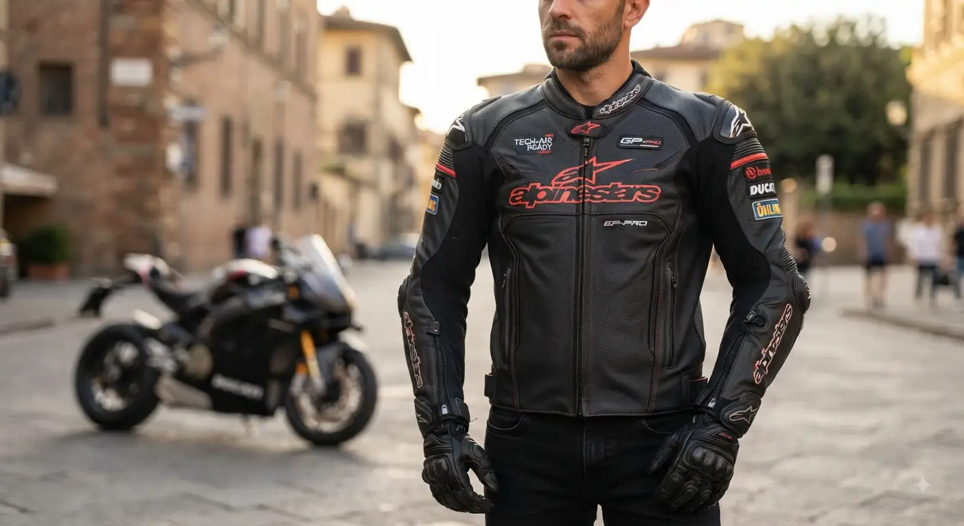 Giacca da moto in pelle di alta qualità, design resistente e protettivo ideale per motociclisti esperti.