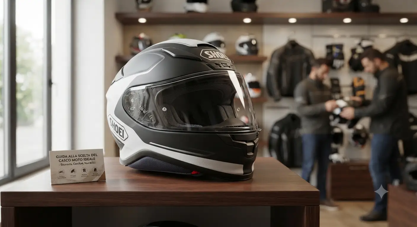 Guida completa alla scelta del casco moto ideale, esposto con cura in un negozio specializzato con luce naturale.