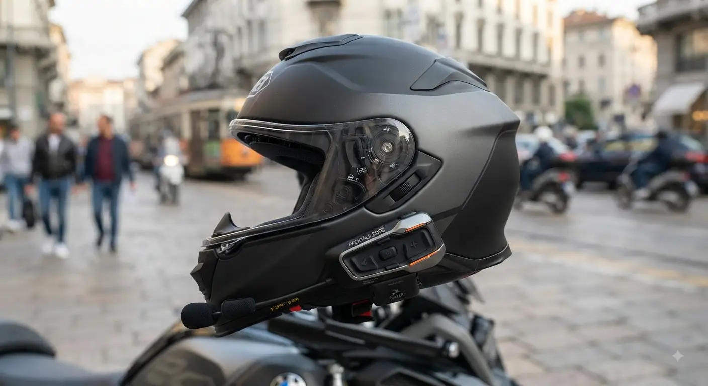 Sistema di comunicazione intercom Cardo montato su un casco da moto, inquadratura dettagliata in stile fotorealistico