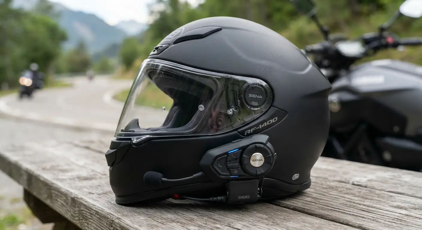 Interfono Sena montato su un casco da moto, primo piano dettagliato del dispositivo di comunicazione Bluetooth per motociclisti in luce naturale