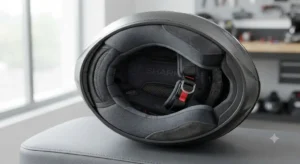 Dettaglio dell'imbottitura interna e dei guanciali ergonomici di un casco Shark
