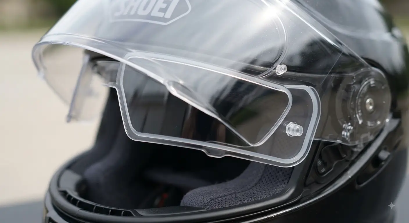 Lente Pinlock universale antiappannante installata sulla visiera di un casco da moto, inquadratura ravvicinata ad alta definizione con luce naturale