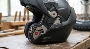 Détail du mécanisme de verrouillage de la mentonnière d'un casque modulable double homologation