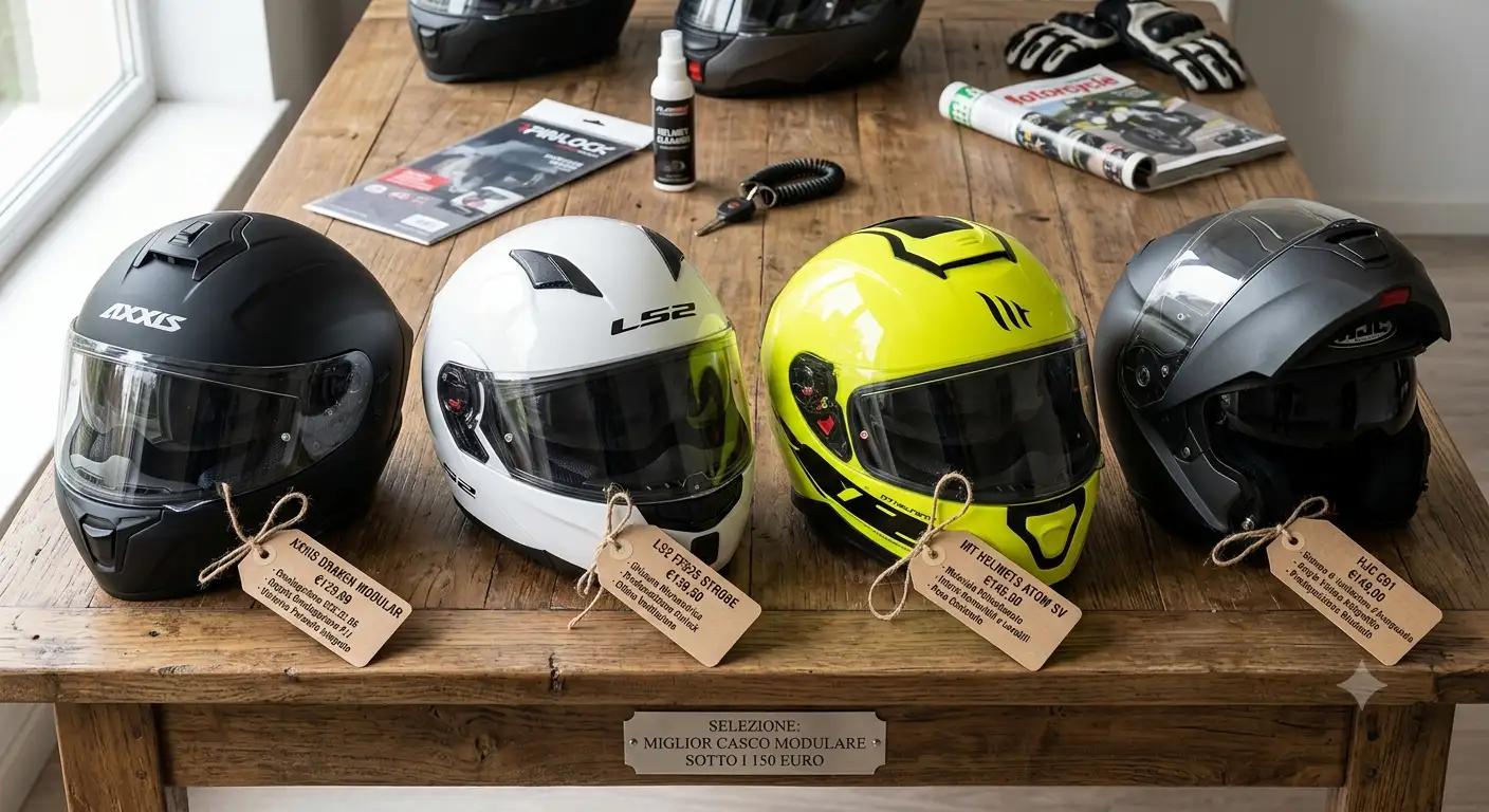 Panoramica dei modelli di miglior casco modulare sotto i 150 euro disposti su un piano con indicazione del prezzo e caratteristiche principali.