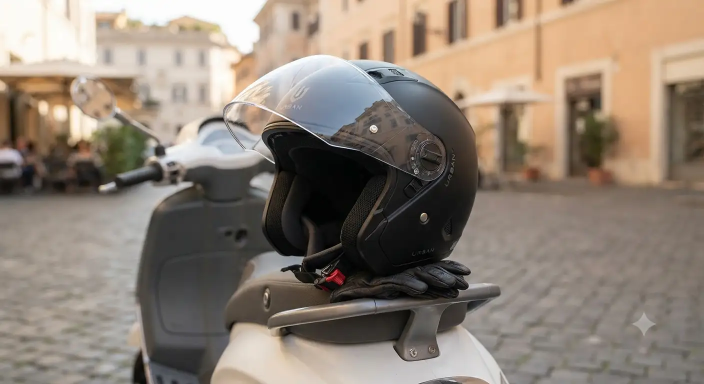 Un casco jet moderno poggiato su uno scooter in citta, rappresentando il miglior casco per scooter in citta per gli spostamenti quotidiani.