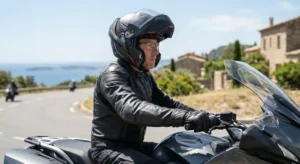 Motard roulant à moto avec un casque modulable double homologation ouvert en mode jet. 