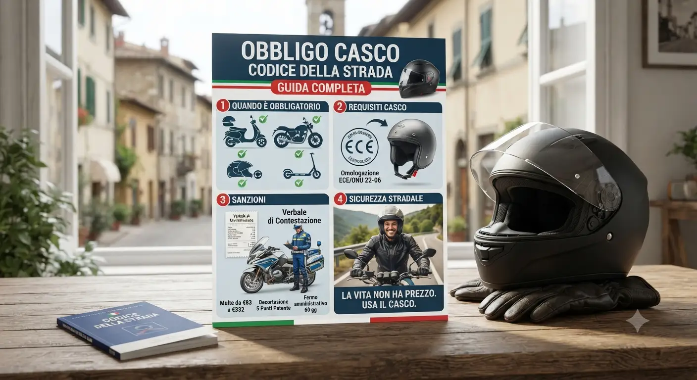 Illustrazione che riassume l'obbligo casco Codice della Strada per la sicurezza alla guida