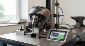 Casco Nolan poggiato su banco di prova che mostra la certificazione di sicurezza
