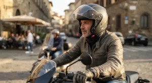 Centauro che indossa un casco moto economico durante un viaggio in citta