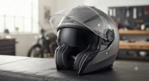 Visiera parasole fumè integrata e ribaltabile all'interno di un casco Shark