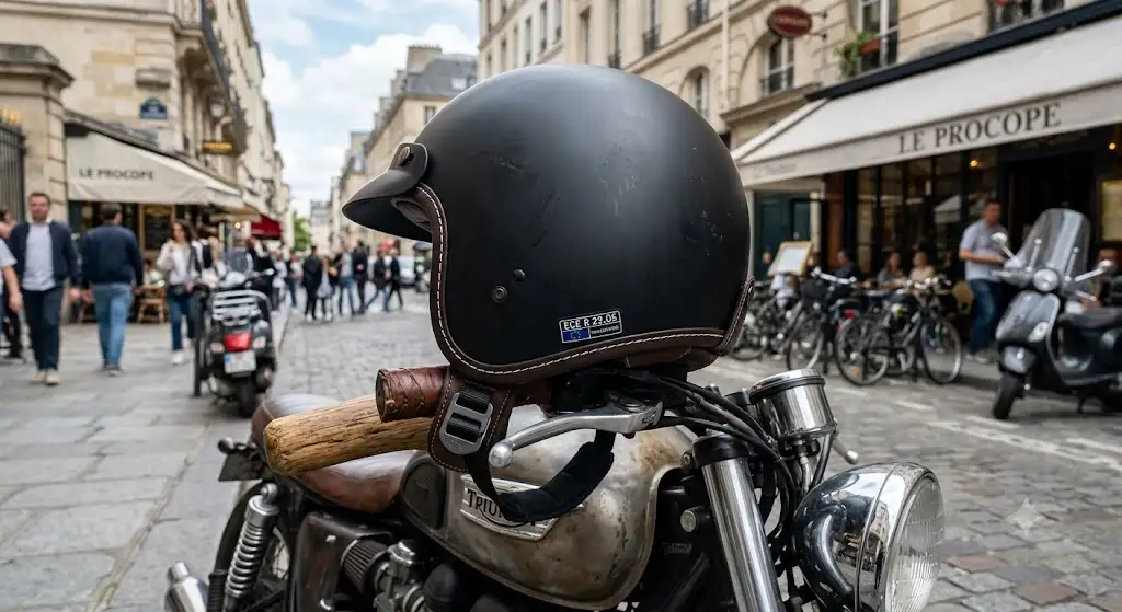 casque demi jet bolvintage noir mat homologué ECE pour motard en ville.