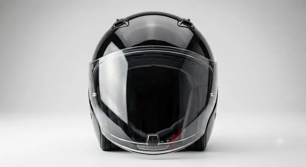 Casque jet avec écran intégral transparent incolore vu de face sur fond neutre