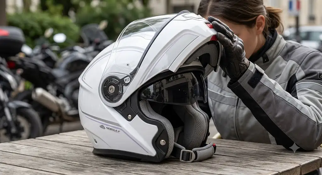 Casque modulable femme blanc avec écran solaire intégré et mentonnière relevable en position jet