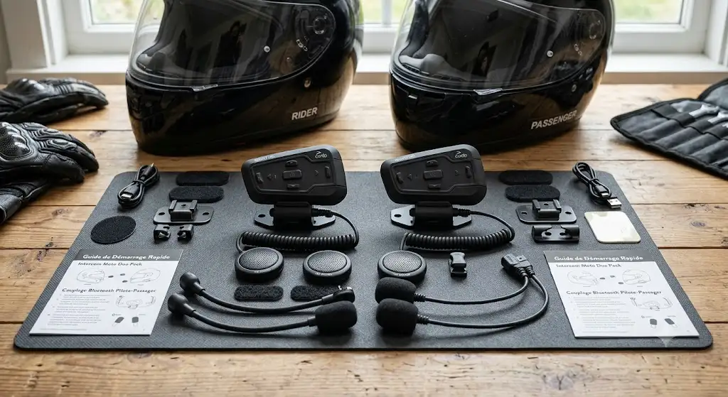Pack complet intercom moto duo avec deux boîtiers Bluetooth, micros et oreillettes haute définition pour pilote et passager