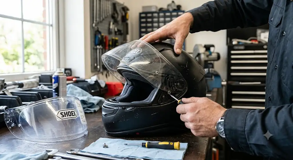 Démontage de la visière rayée sur un casque intégral pour le remplacement de l'écran. (écran casque moto remplacement)