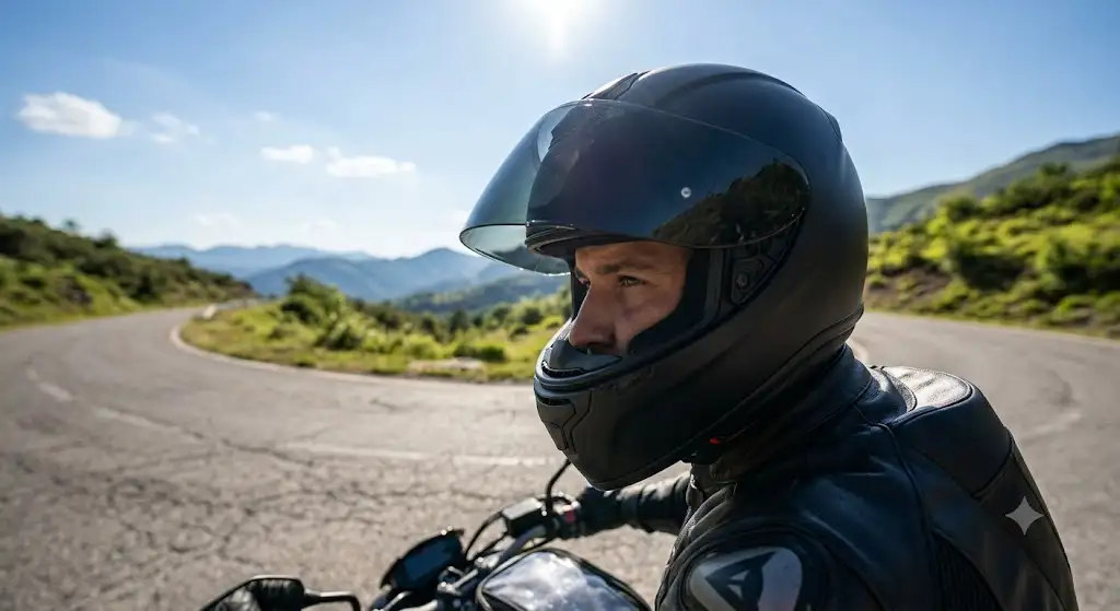 Motard portant un casque intégral équipé d'une visière teintée sombre pour se protéger du soleil en plein jour. (visière teintée casque moto)