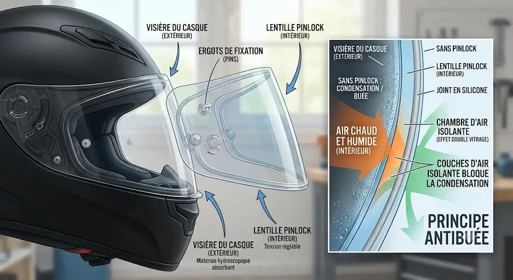 Schéma explicatif du fonctionnement d'une lentille Pinlock créant un double vitrage antibuée sur une visière de casque moto (pinlock casque moto)