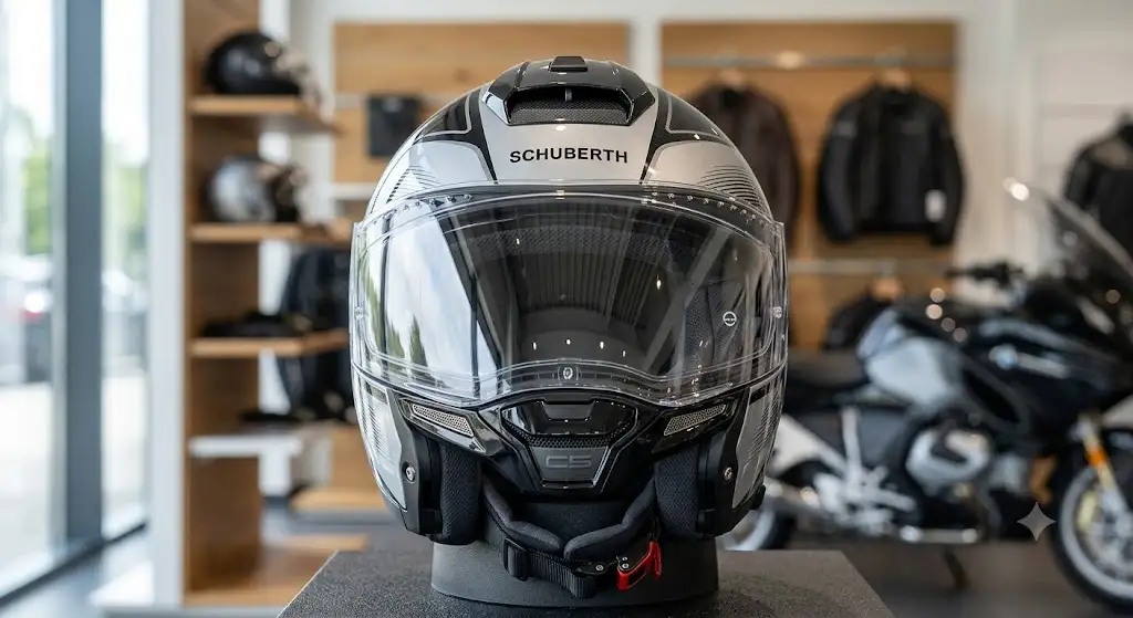 Casque Schuberth touring modulable C5 vu de face avec visière transparente et aérations ouvertes