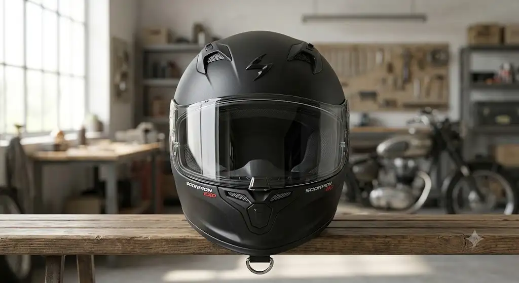Casque Scorpion Exo intégral noir mat présenté de face avec visière transparente anti-rayures