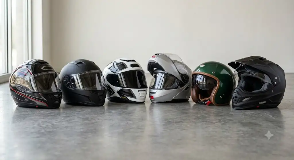 Sélection des meilleurs casque moto moins de 500 euros avec différentes finitions et designs sur fond neutre .