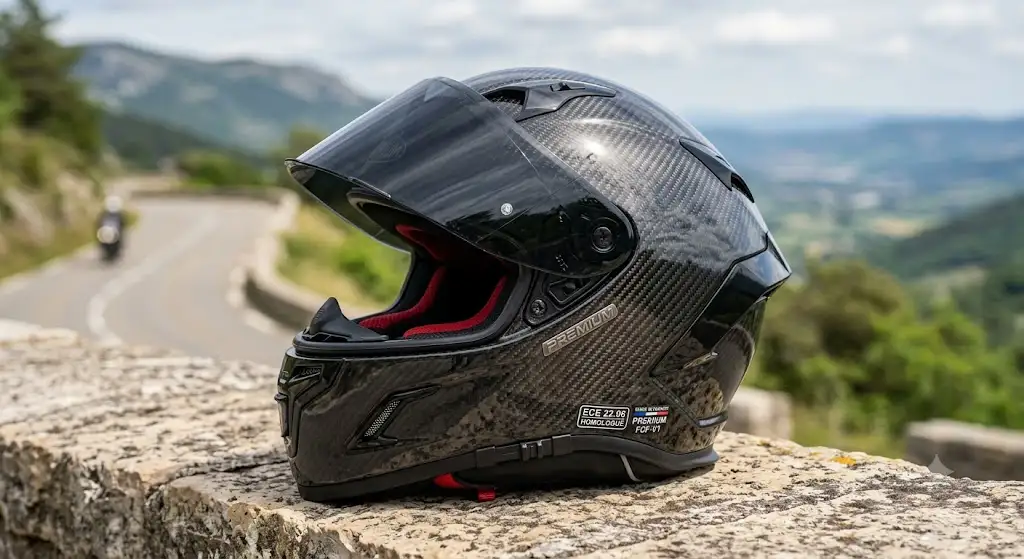Casque moto premium intégral en fibre de carbone homologué ECE 22.06 avec visière fumée