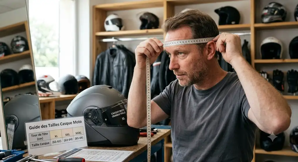 Illustration du guide des tailles et mesure du tour de tête pour casque moto grande taille xl xxl.
