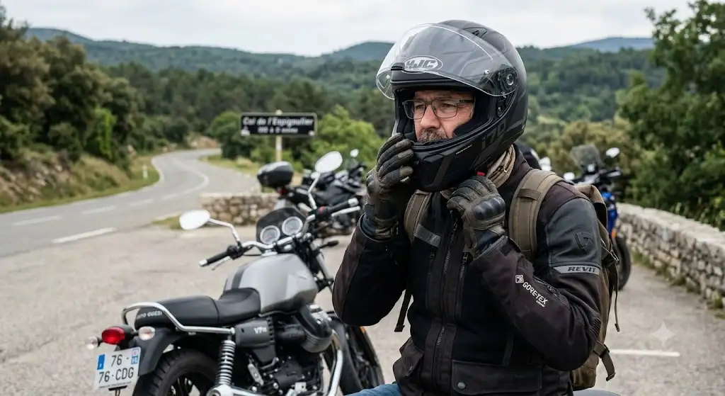Motard portant des lunettes de vue et ajustant son casque intégral avec système de cannelures. (casque moto porteur de lunettes)