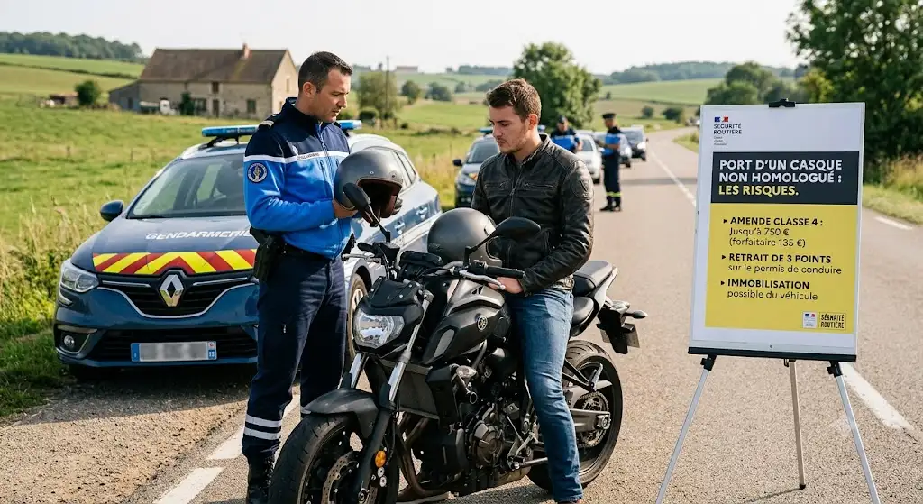 Contrôle routier montrant les sanctions et l'amende encourue pour le port d'un casque moto non homologué en France. (casque non homologué risques)