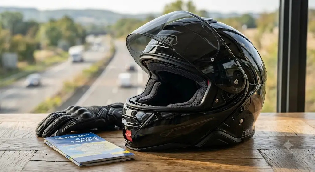 Casque intégral moto conçu pour rouler sur autoroute sur longue distance avec insonorisation renforcée. (casque autoroute longue distance)