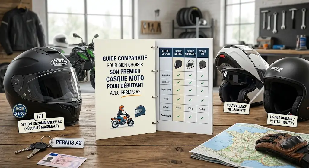 Guide comparatif pour bien choisir son premier casque moto débutant avec permis A2.