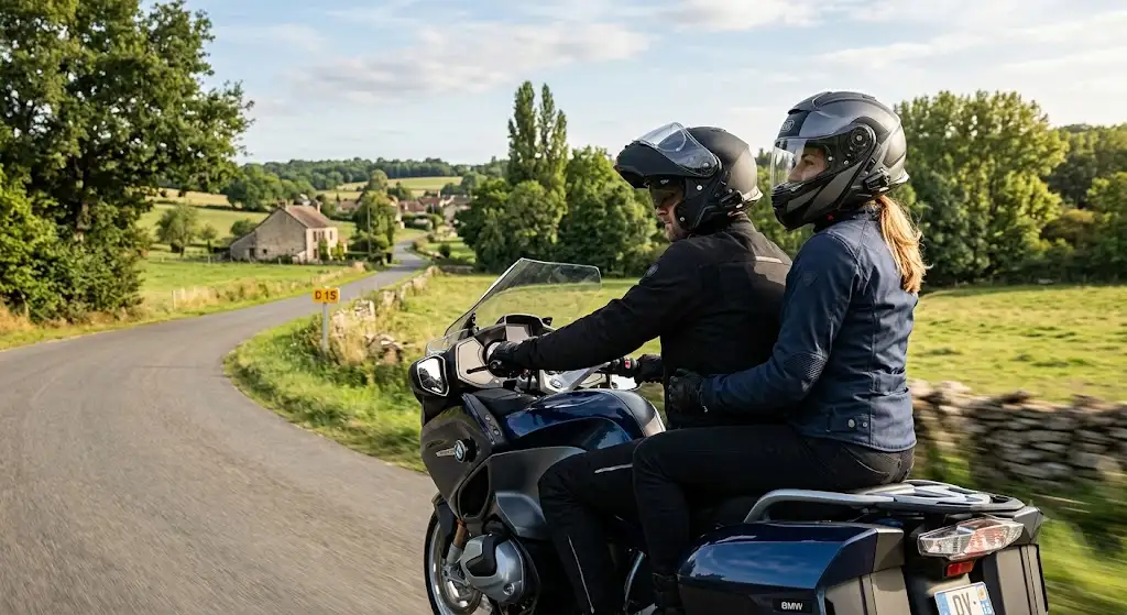 Couple à moto portant chacun un casque modulable duo passager sur une route de campagne