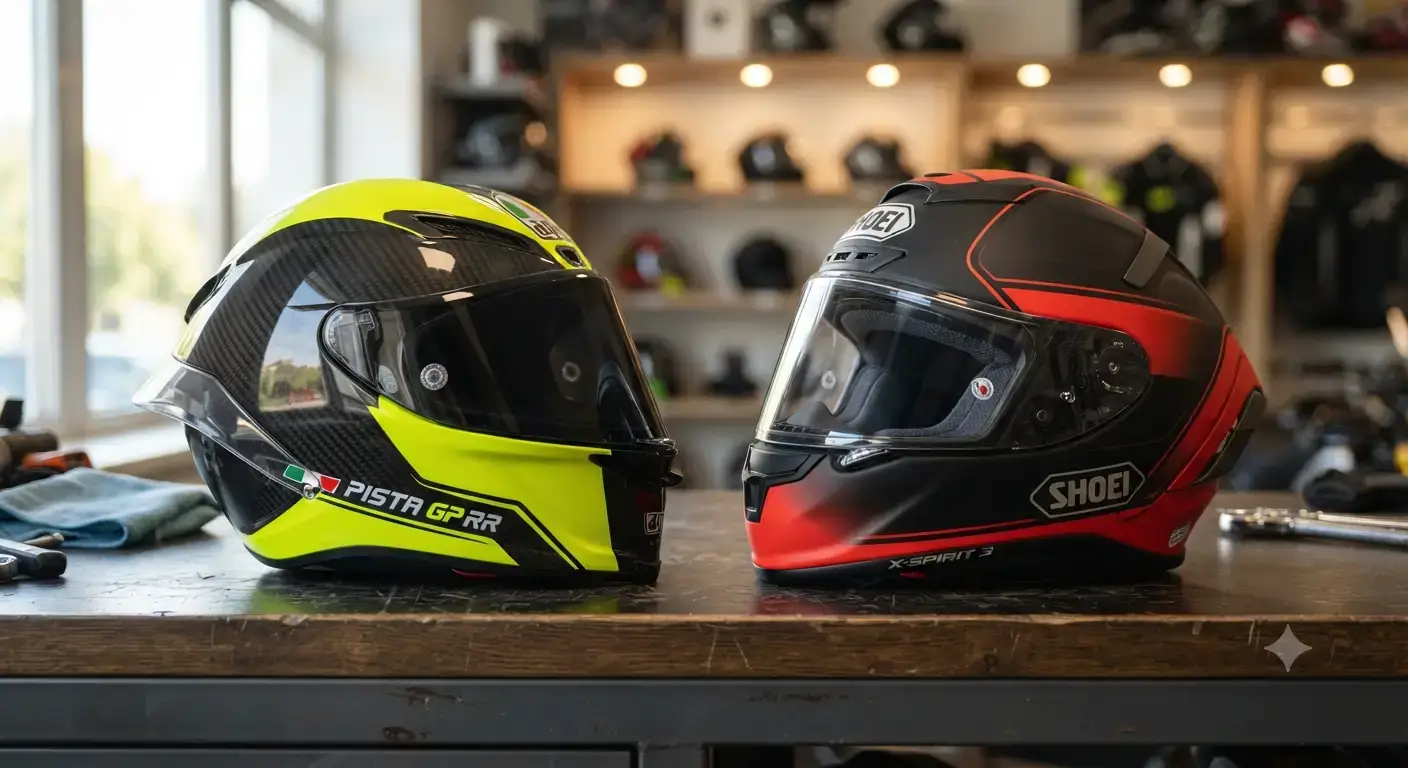 Due caschi da moto AGV e Shoei affiancati per evidenziare il confronto diretto tra design e caratteristiche