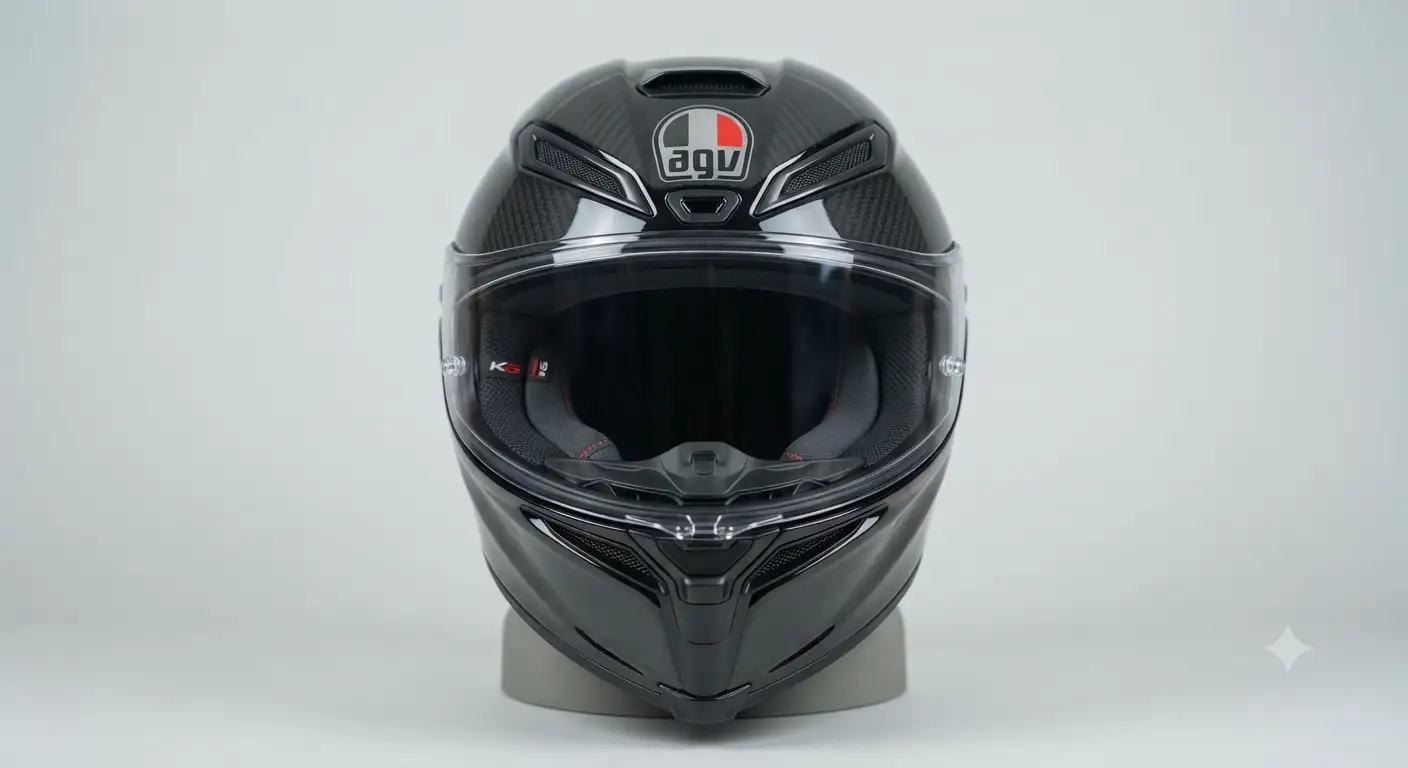 Casco AGV K6 visto frontalmente, con visiera trasparente e design aerodinamico.