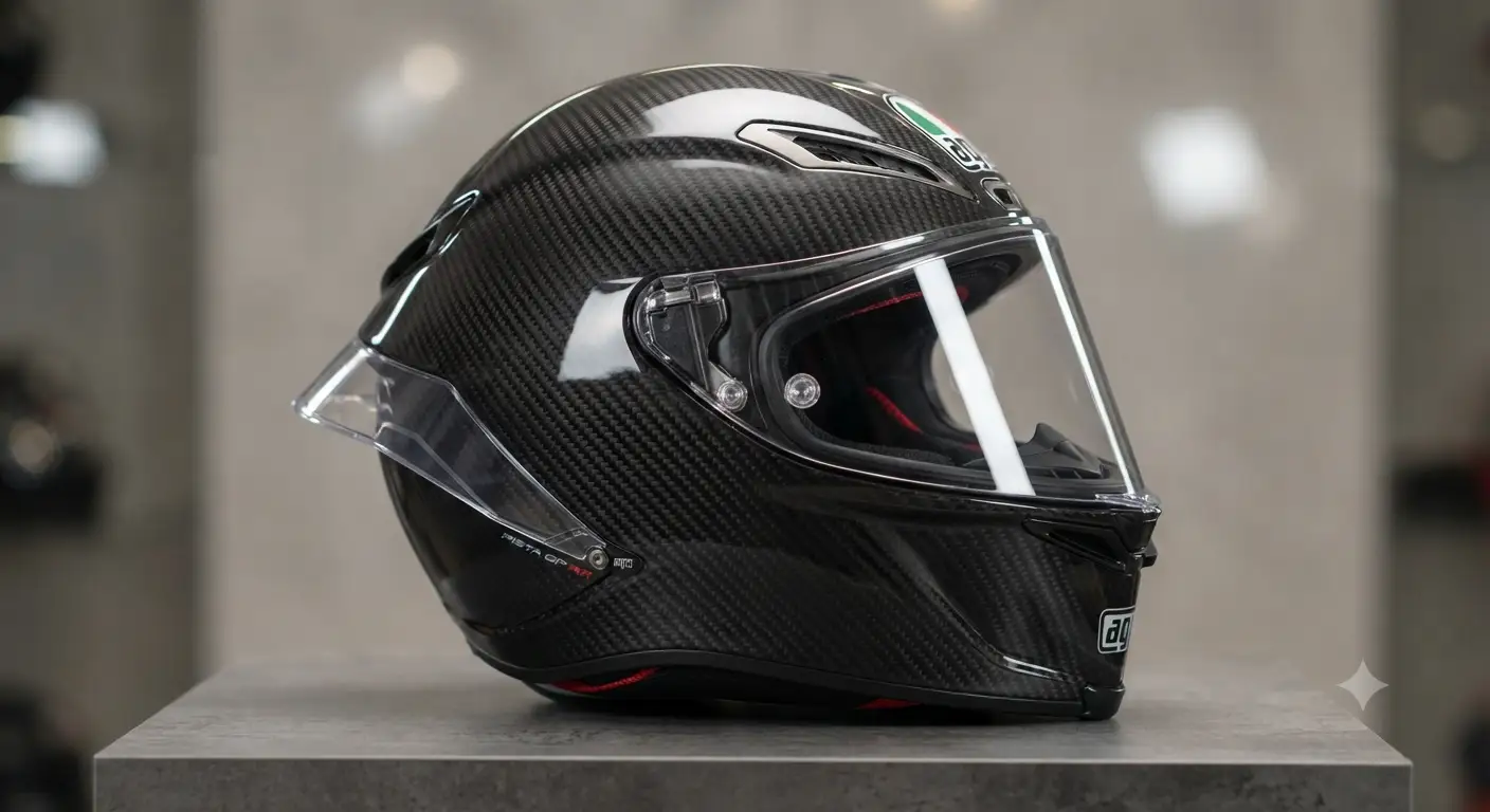Casco AGV Pista GP RR in carbonio a vista con design aerodinamico e spoiler posteriore visto di profilo.