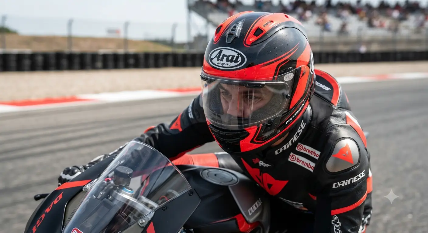 Casco Arai integrale sportivo nero e rosso indossato da un motociclista in pista