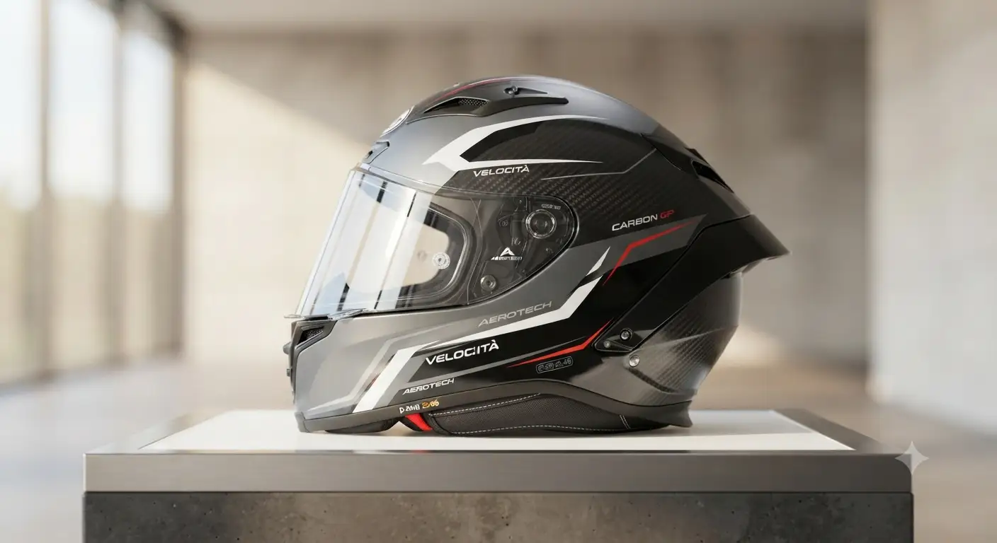 Illustrazione di profilo laterale di un casco integrale aerodinamico da moto con linee affusolate.