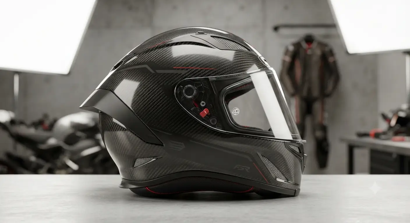 Casco integrale da pista aerodinamico e professionale in fibra di carbonio visto di lato