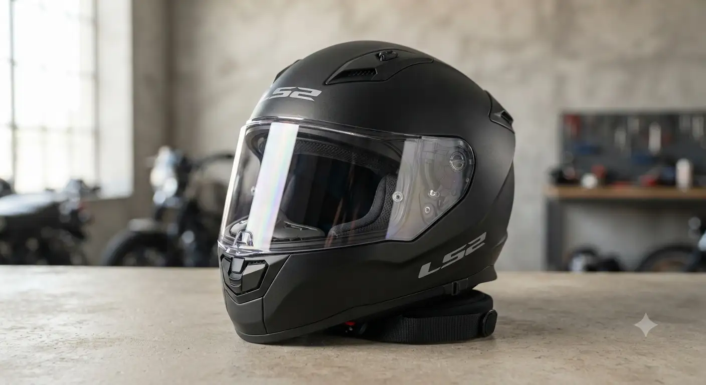 Casco integrale LS2 di colore nero opaco con visiera trasparente antiriflesso