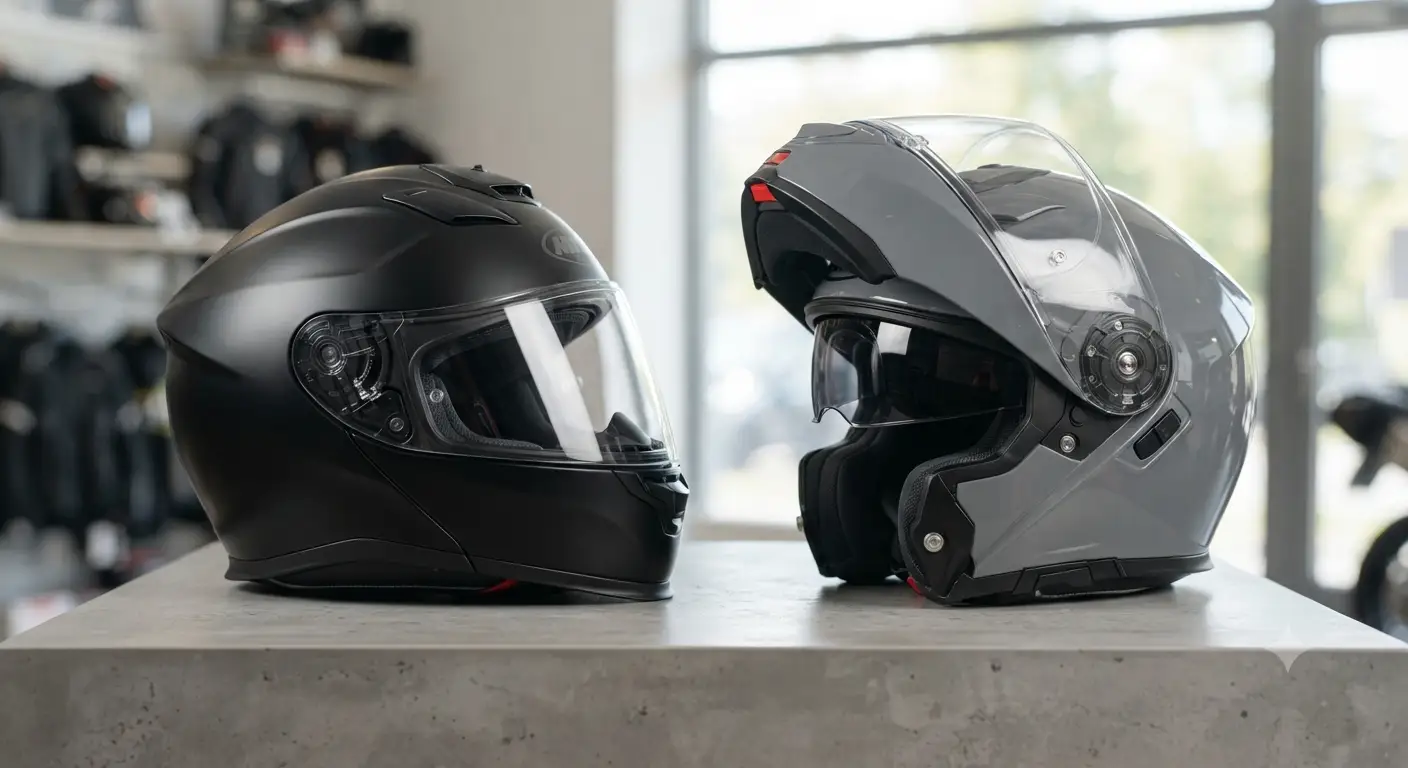 Confronto visivo tra casco integrale e modulare per capire le differenze principali in termini di design e sicurezza.