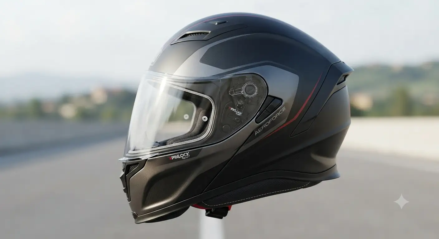 Casco moto con doppia visiera Pinlock visto di lato, ideale per viaggiare in sicurezza in ogni condizione meteo.