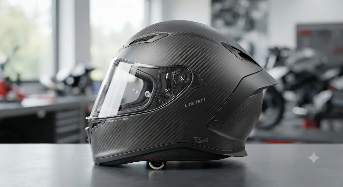Casco moto leggero in fibra di carbonio visto di lato, dal design aerodinamico e finitura opaca.