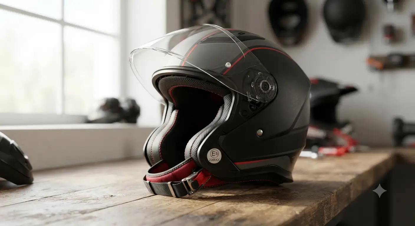 Casco da moto con etichetta di omologazione ECE 22.05 ben visibile.