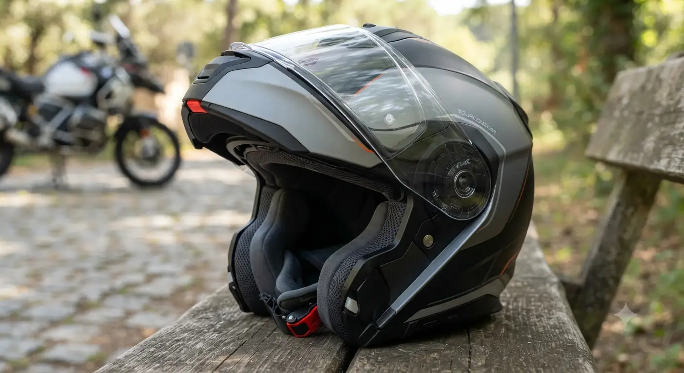 Casco touring comfort mostrato di profilo con evidenza dell'ergonomia avanzata e della calzata avvolgente per lunghi viaggi in moto