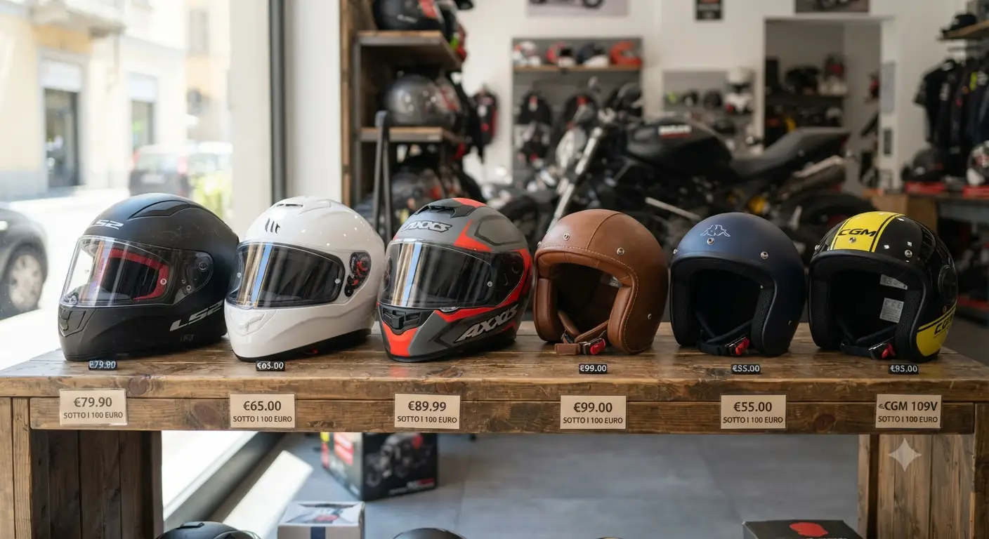 Illustrazione dei migliori caschi economici sotto i 100 euro per moto e scooter