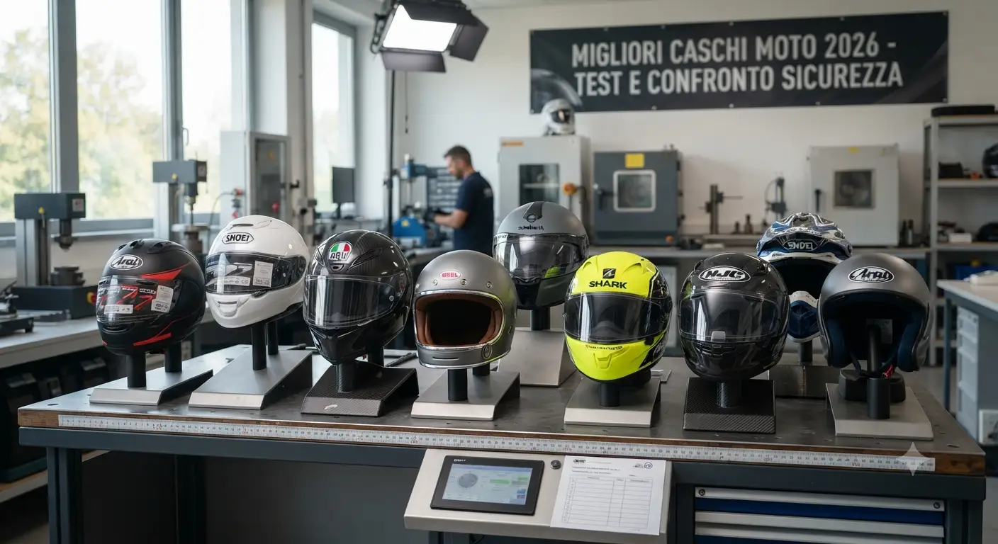 Panoramica dei migliori caschi moto 2026 esposti su un banco di prova per confrontare design e sicurezza