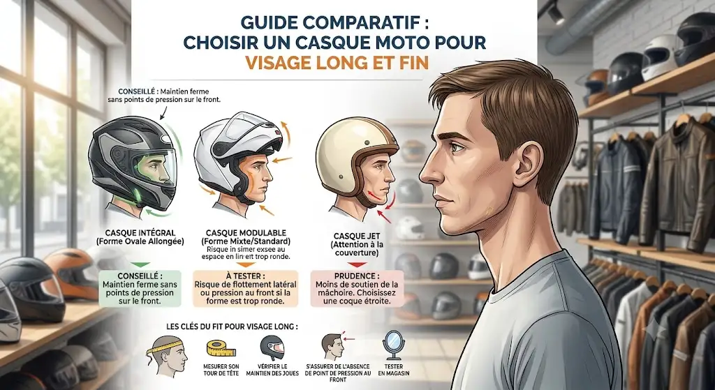 Guide comparatif pour bien choisir son casque moto selon la morphologie d'un visage long et fin. (casque moto visage long)